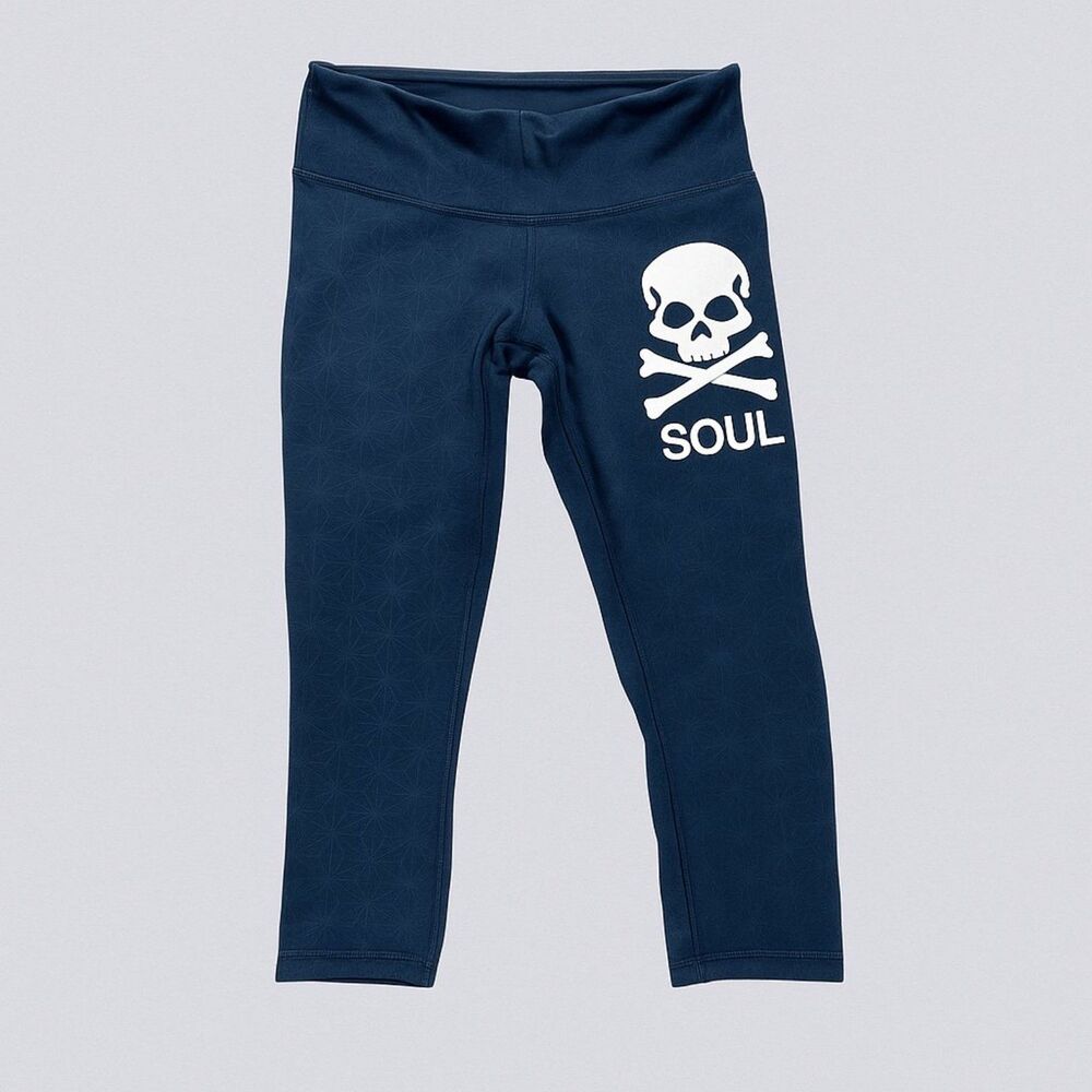 Lululemon SoulCycle Skull Graphic Leggings Navy Blue Cropped Size 6 Inseam 21.5"